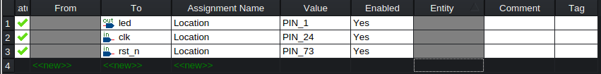 Pin assignment editor with the relevant pins highlighted