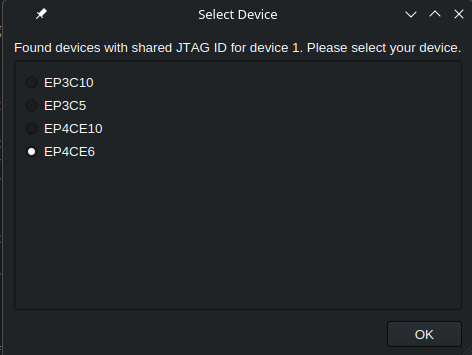 Device selection menu with the correct FPGA board highlighted